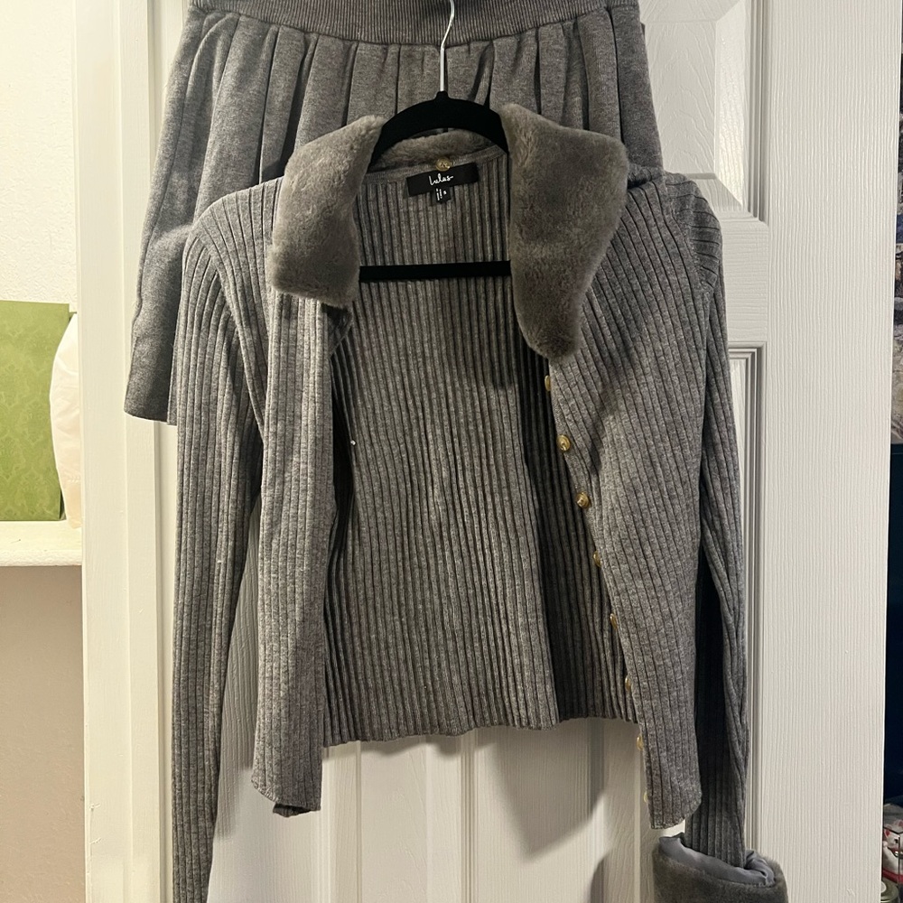 Lulu's Charcoal Ribbed Cardigan Set